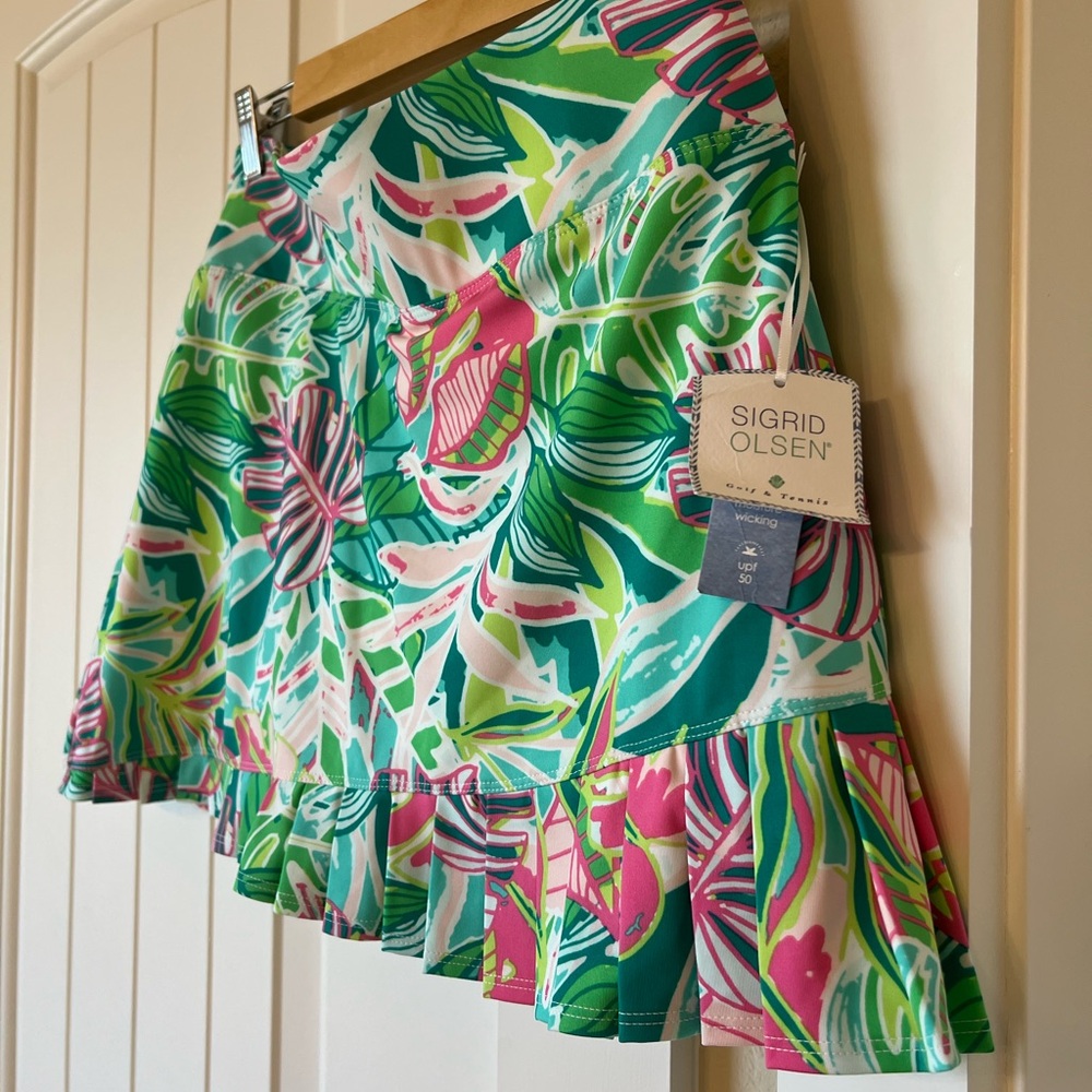 NWT Sigrid Olsen Golf & Tennis Green Tropical Print Ruffle Hem Skirt - Picture 3 of 4